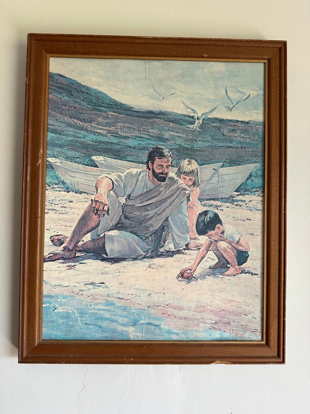 70s John Steel Jesus with Children Art Print Litho Framed Beach Crab 15"